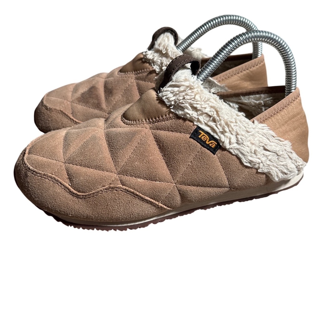 Teva ReEmber 6/7 Suede Quilted Slippers Pecan Brown Faux Shearling Womens SlipOn